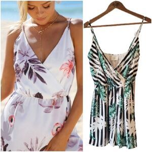 Everly Floral Leaf Palm Print Black and White Striped Surplice Shorts Romper Med